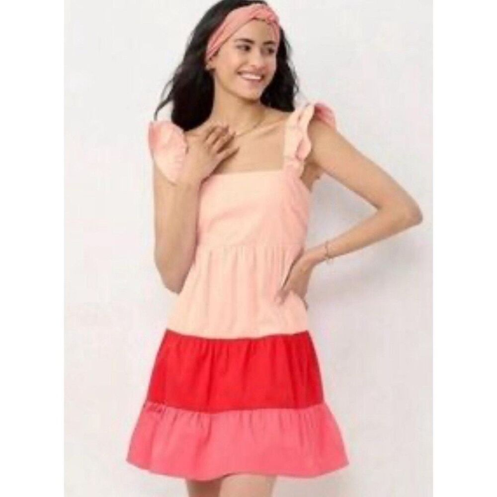 LC Lauren Conrad Dress Pink Red Color block Ruffle Size L Tiered Peasant Boho
